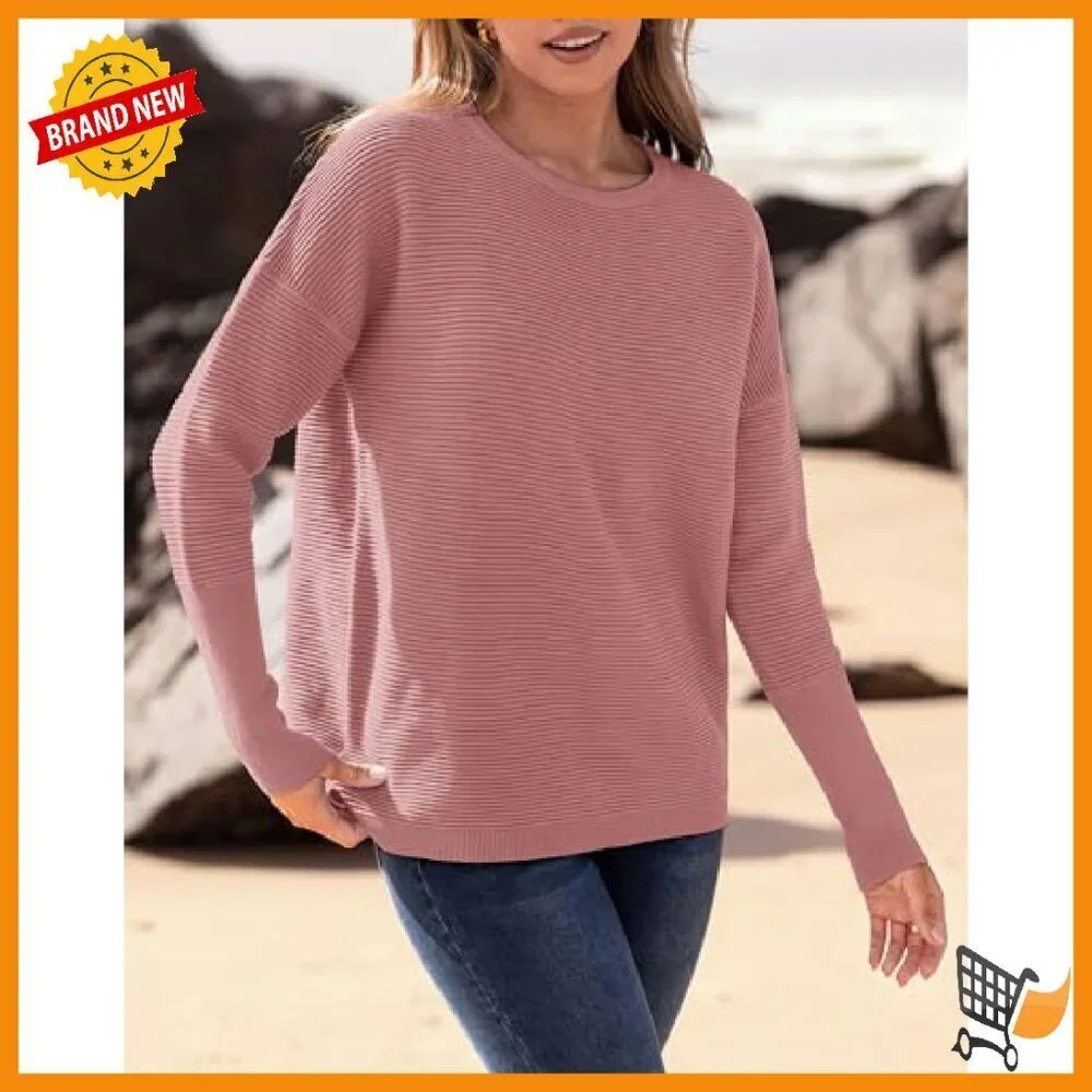 Cozy Ribbed Knit Pullover Sweater Loose Fit Batwing Sleeves Side Slits
